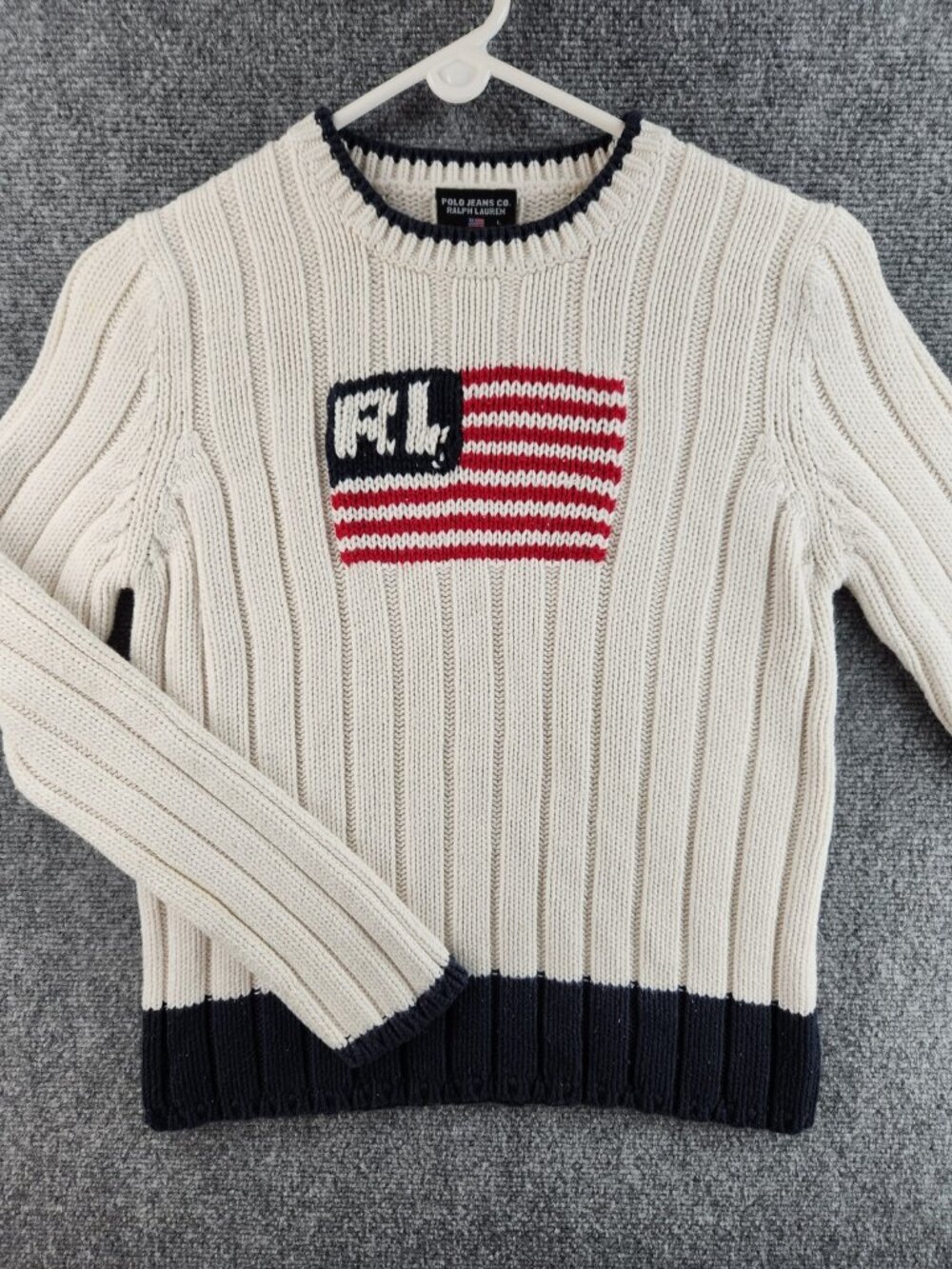 Polo Jeans Co American Flag Sweater Women Large Crew Neck White Blue Logo USA